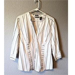 Hillard & Hanson White Blouse with Black And Silver Vertical Stripes XL